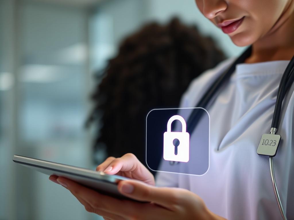 A close-up of a nurse reviewing patient data on a tablet, with a lock symbol subtly illustrated on the screen to signify security. The background should be a professional healthcare setting, reflecting trust and confidentiality in patient data management.