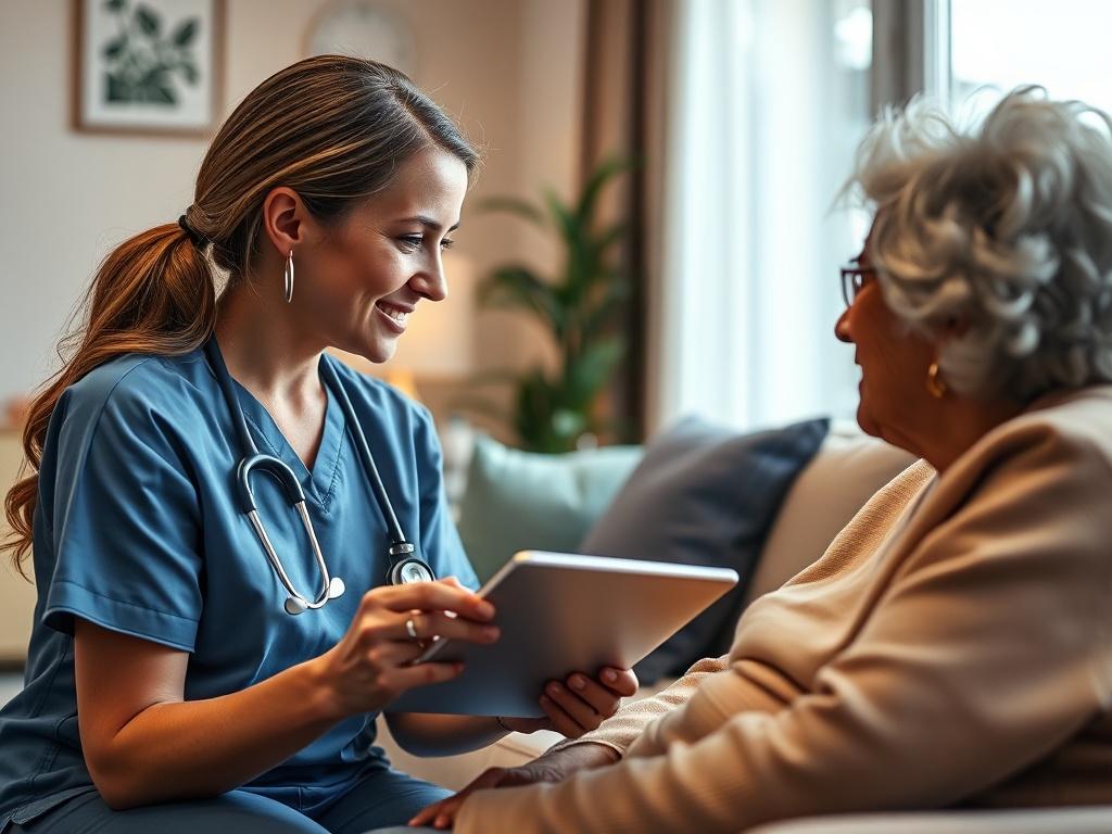 A nurse engaged in a conversation with a patient, with a tablet in hand, showcasing the act of taking real-time notes. The scene should depict a warm, inviting home environment, highlighting the connection between nurse and patient while emphasizing the use of technology in healthcare.