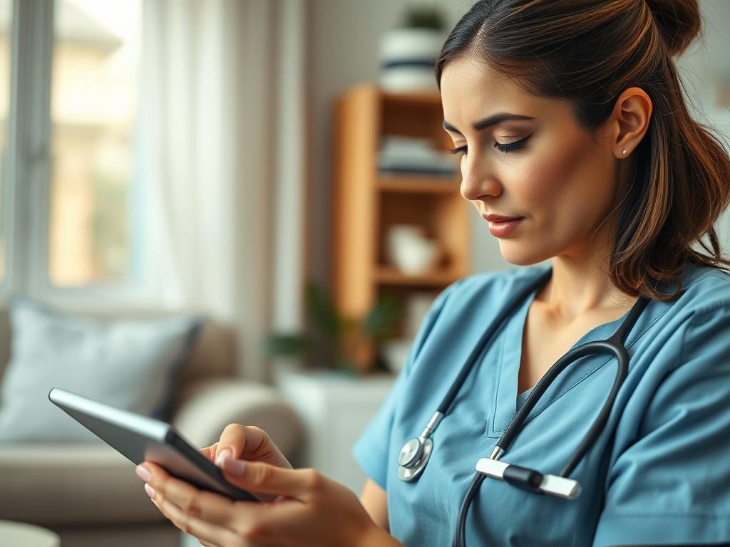 A close-up shot of a nurse using a tablet in a home healthcare setting, documenting patient notes with a focused expression. The background shows a cozy living room with soft lighting and healthcare-related items. The image captures the essence of modern technology in nursing, emphasizing the simplicity and efficiency of using the Reset App.
