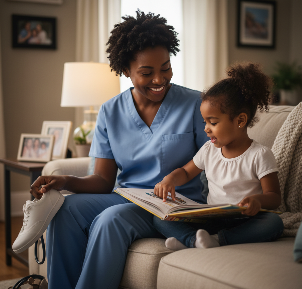Nurse at home with her daughter
