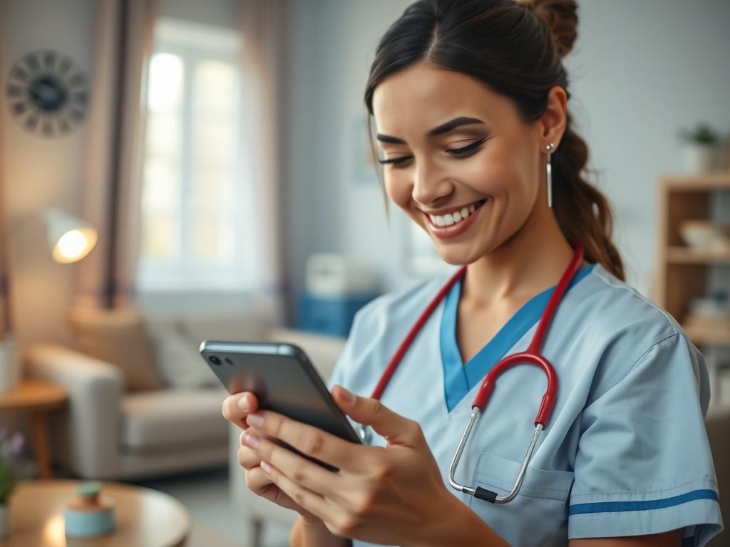 A close-up shot of a nurse using a voice-to-text app on a smartphone in a well-lit home healthcare setting. The nurse is smiling, engaging with the app, demonstrating ease of use. The background is softly blurred, featuring a cozy living room with medical supplies neatly arranged, creating a warm and professional atmosphere.
