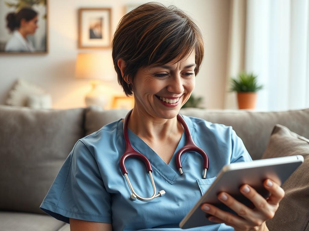 A close-up shot of a nurse using a voice-to-text app on a tablet in a home healthcare setting. The nurse, a middle-aged woman with short brown hair, is smiling and focused, with a soft, warm light illuminating her face. The background features a cozy living room setting, with a comfortable sofa and a few personal touches, creating an inviting atmosphere. The colors should be soft and professional, with an emphasis on the primary color rgb(32, 178, 170) subtly incorporated into decor elements.
