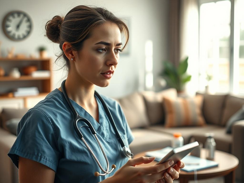 Create a realistic high-resolution photo that captures the essence of home healthcare documentation using voice-to-text technology. The composition should be simple and clear, featuring a single subject: a focused nurse in a home setting. 

The nurse should be in mid-sentence, confidently speaking into a modern voice-to-text device, with a look of concentration and professionalism. She should be dressed in scrubs, with a stethoscope draped around her neck, embodying the essential role of healthcare in the h