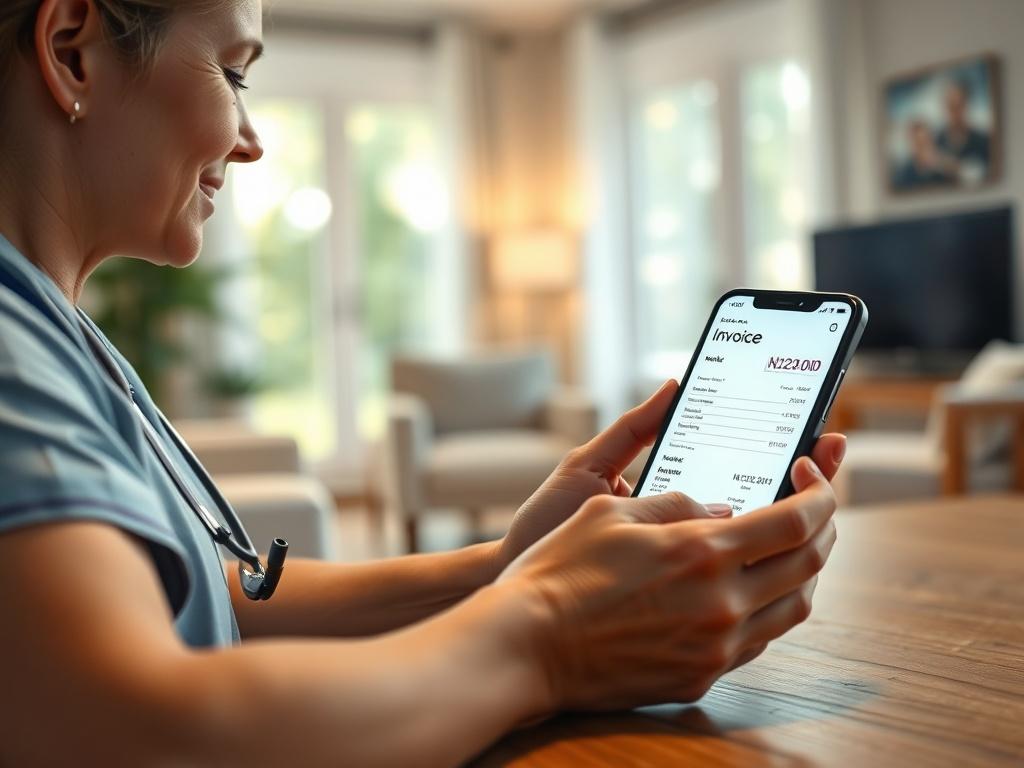 A close-up shot of a nurse sending an invoice through a smartphone while sitting at a table in a home healthcare setting. The background shows a well-lit, inviting living room. The screen of the smartphone displays an invoice template with clear details. The nurse looks confident and professional, ready to manage her billing efficiently. The image should be vibrant and eye-catching, using the primary color rgb(32, 178, 170).