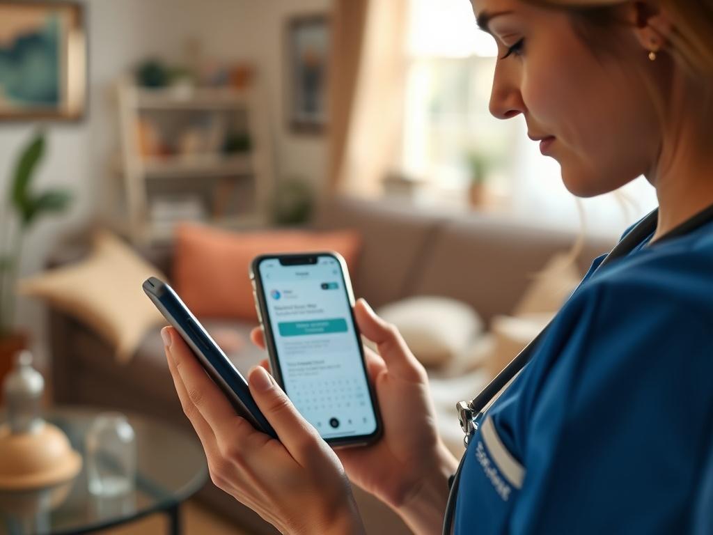 A close-up shot of a nurse using a smartphone with a voice-to-text app in a home healthcare setting. The background is softly blurred, showing a cozy living room, indicating a warm environment. The nurse looks focused and engaged with the app, with the phone screen visible displaying the app interface. The lighting is natural, creating a welcoming atmosphere. The image should have vibrant colors, highlighting the primary color rgb(32, 178, 170).