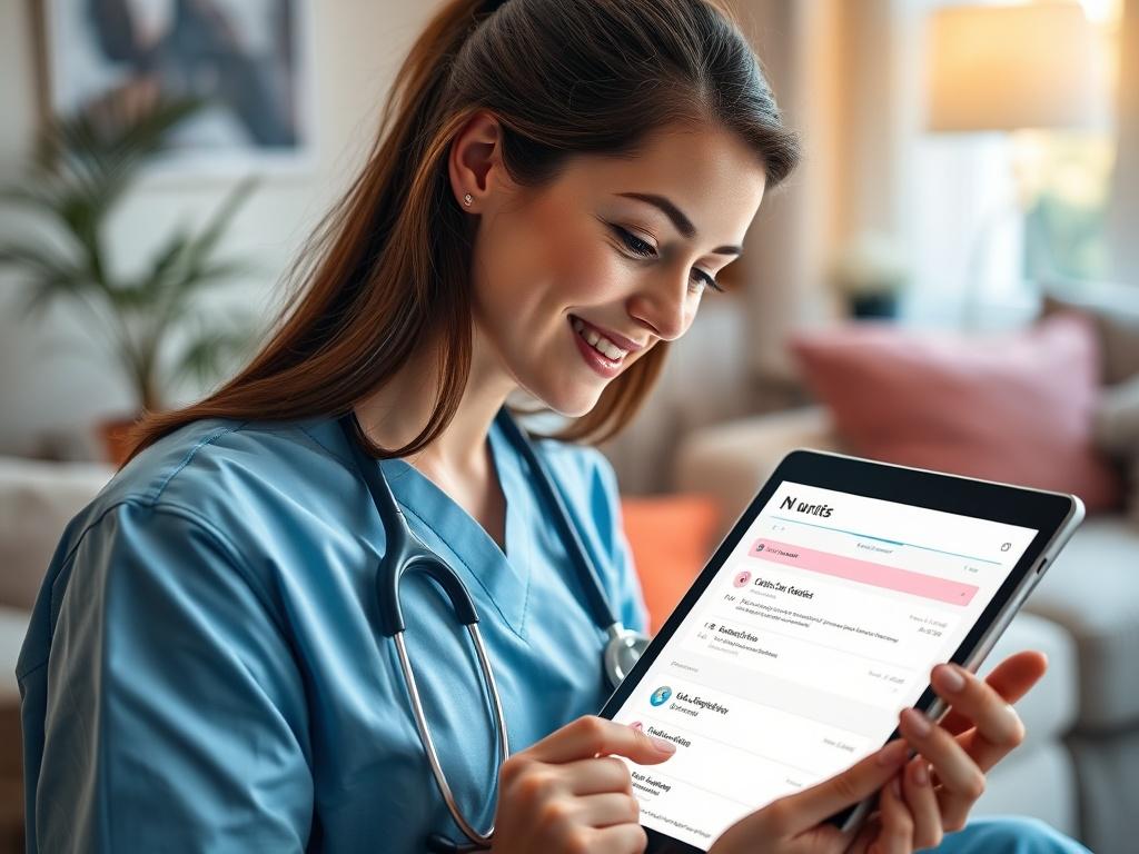 A close-up shot of a nurse reviewing organized clinical notes on a tablet in a home healthcare environment. The background features a comfortable living space with soft lighting, creating an inviting atmosphere. The tablet screen displays categorized notes, emphasizing the app's user-friendly interface. The nurse appears focused and satisfied while managing her notes effectively. The image should feature vivid colors that complement the primary color rgb(32, 178, 170).