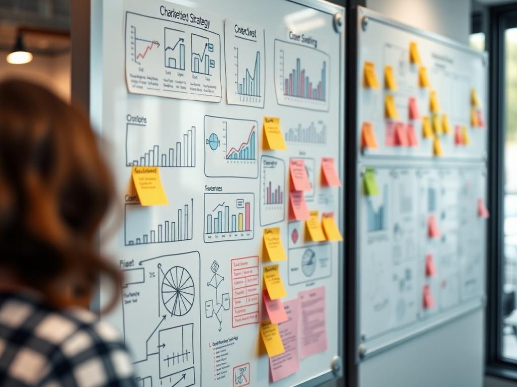 A close-up shot of a marketing strategy whiteboard filled with charts, graphs, and post-it notes. The background should be a modern office environment, softly blurred to highlight the strategy board. The image should have a hyper-realistic quality, capturing the details of the notes and drawings.