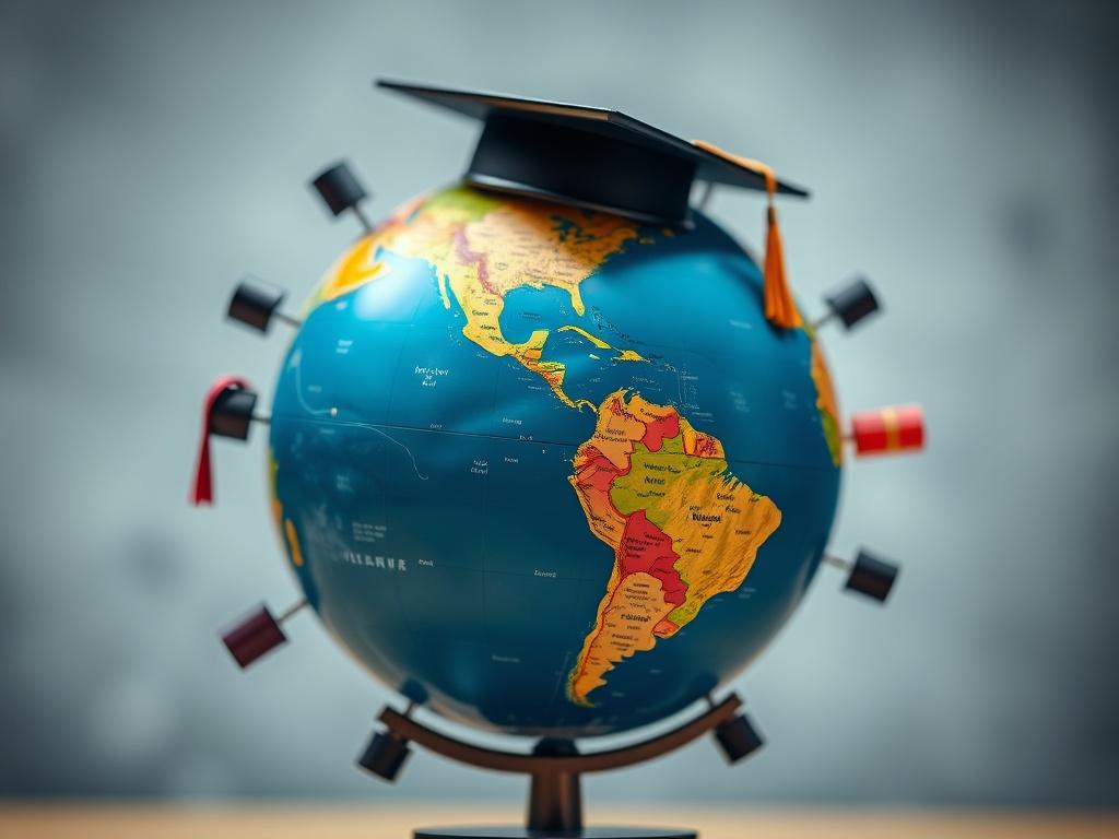 A close-up shot of a globe with educational icons (books, graduation caps) surrounding it, symbolizing global reach. The background should be blurred softly to emphasize the globe and icons, with a color palette that aligns with rgb(13, 59, 102). The image should be hyper-realistic, capturing the detail of the globe and icons.