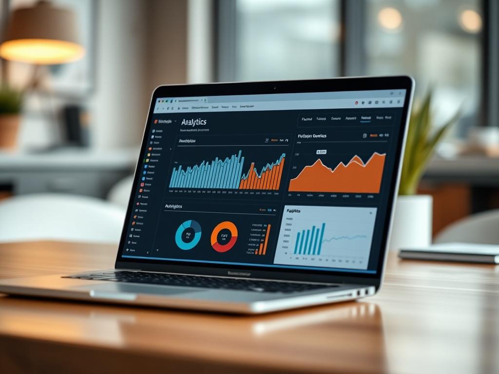 A close-up shot of a laptop screen displaying a high-ranking website analytics dashboard with various metrics highlighted. The background should feature a modern workspace with soft focus, emphasizing the laptop screen. The image should be hyper-realistic, capturing the detailed analytics on the screen.