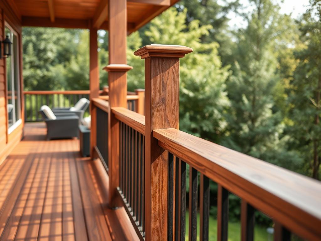 A close-up shot of a beautifully crafted wooden deck with a modern railing system, showcasing premium materials like mahogany or composite wood. The image should capture the texture and grain of the wood, with a backdrop of a lush garden or a serene outdoor space, highlighting the deck's elegant design. The focus should be on the craftsmanship of the deck, emphasizing clean lines and attention to detail, shot with a 45mm f/1.2 lens to create a soft background blur.