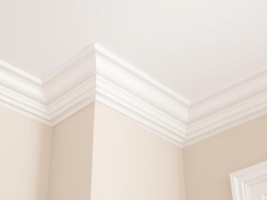 A close-up shot of beautifully installed crown molding in a well-lit room, showcasing intricate details and craftsmanship. The molding should be white, set against a soft, neutral wall color. The focus should be on the clean lines and elegant curves of the molding, with a softly blurred background emphasizing the texture of the wall. The image should be captured with a 45mm f/1.2 lens to create a hyper-realistic effect, highlighting the quality of the workmanship.