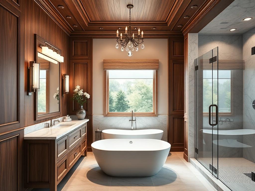 A luxurious bathroom featuring high end finish carpentry elements