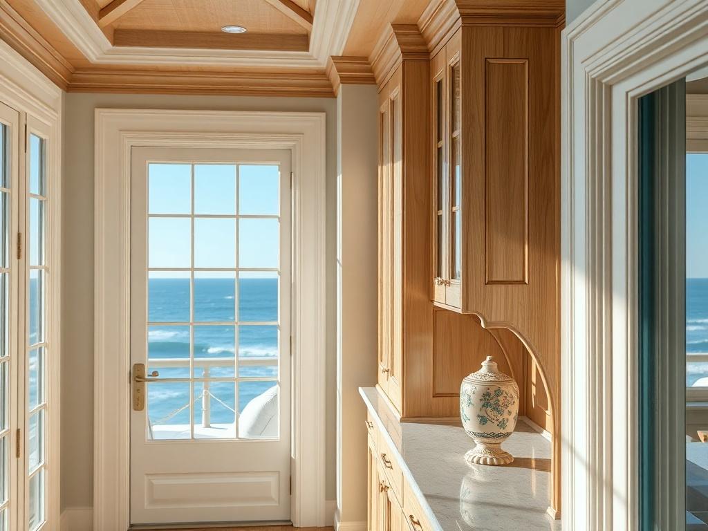 A beautifully designed coastal retreat interior featuring custom cabinetry and