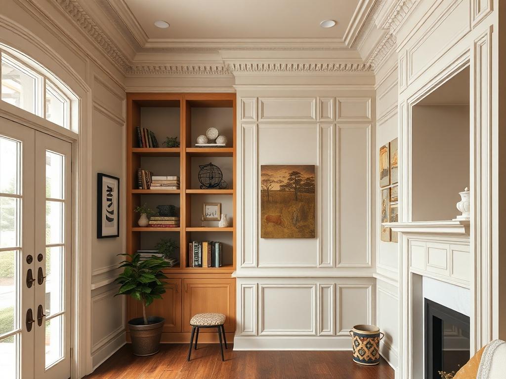An elegant interior of a revitalized historic home featuring intricate