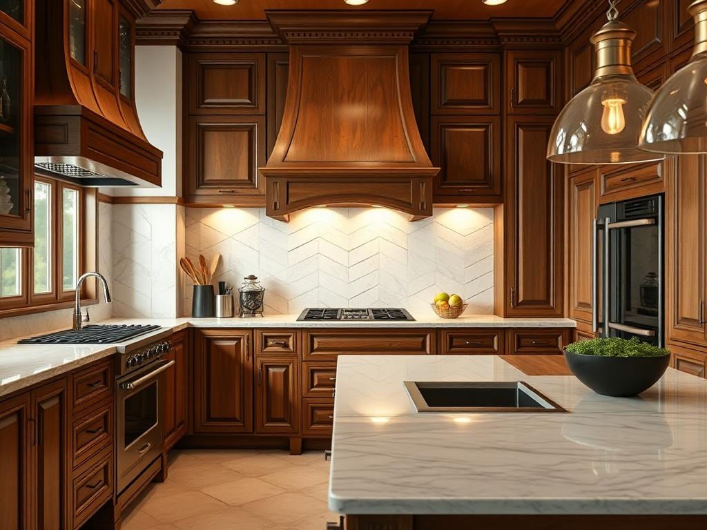 A luxurious kitchen interior showcasing custom cabinetry, elegant countertops, and