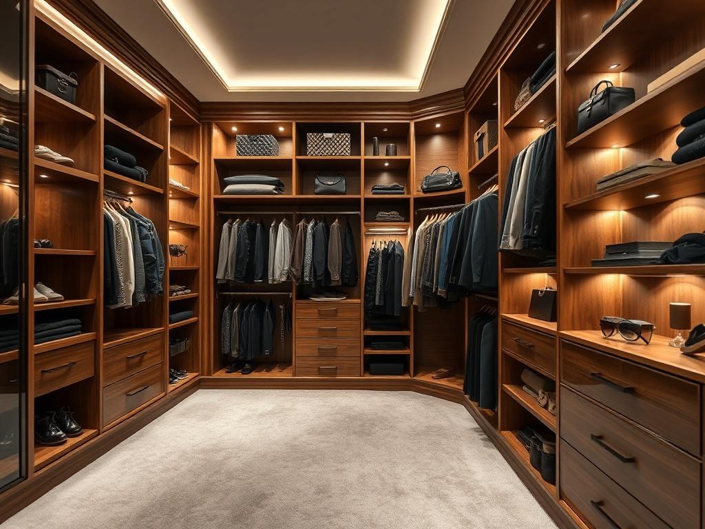 A beautifully designed custom closet, featuring elegant wooden shelving, plush carpeting, and stylish lighting. The closet showcases organized clothing and accessories, with a focus on high-end materials and craftsmanship. The background is softly blurred to emphasize the intricate details and luxurious finish of the closet, captured in a hyper-realistic style with a 45mm f/1.2 lens.