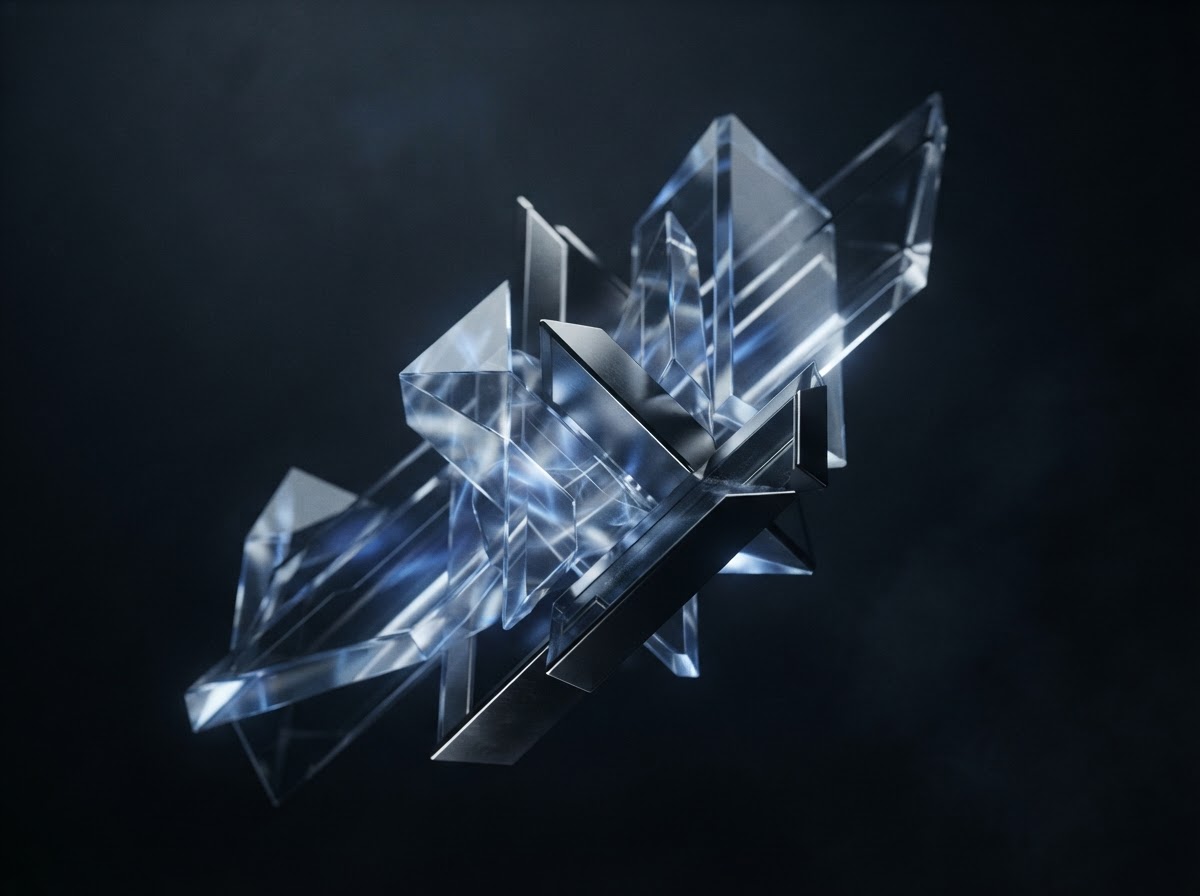 Abstract polished metal and glass forms refracting blue light