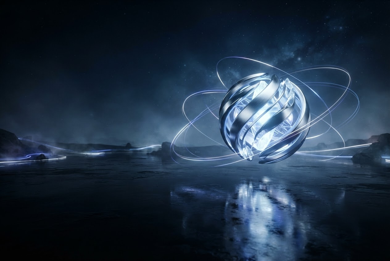 A luminous chrome sphere suspended above a dark, reflective digital horizon