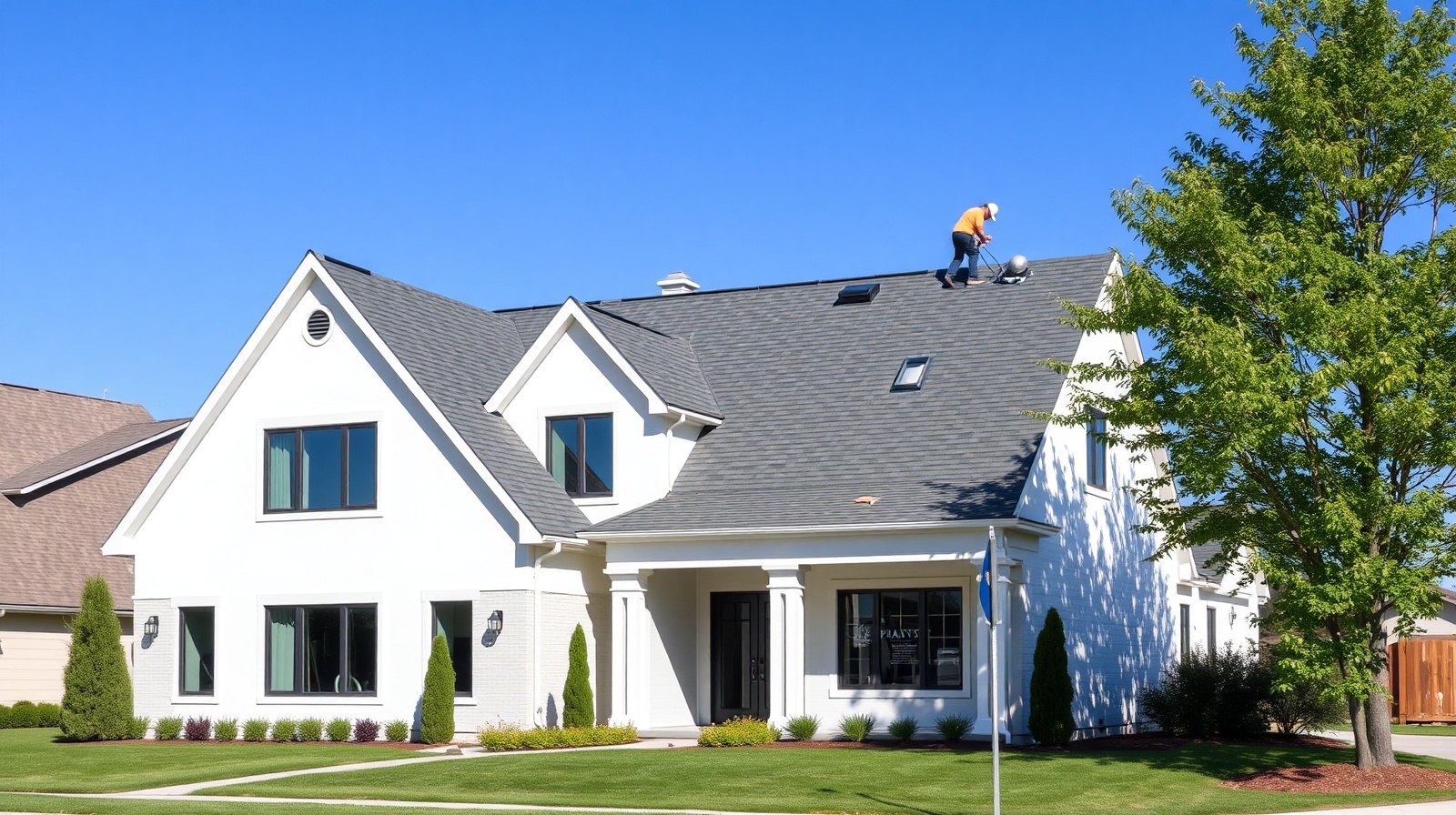 Professional roofing crew installing new roof on residential home