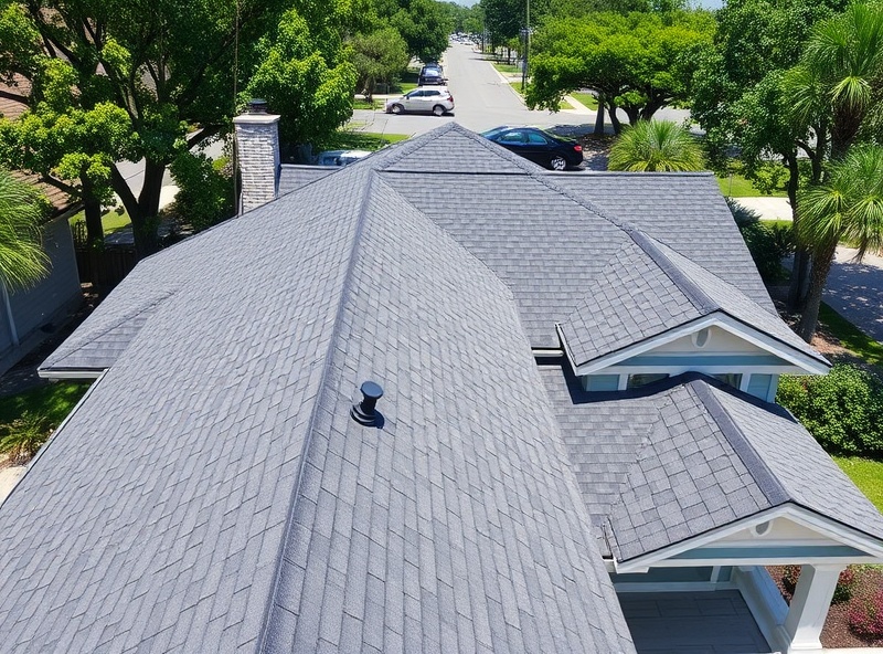 Completed residential roof replacement with dark gray composition shingles