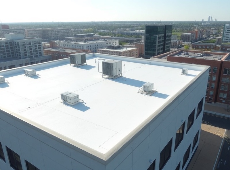 Modern commercial building with flat TPO roof membrane and HVAC units