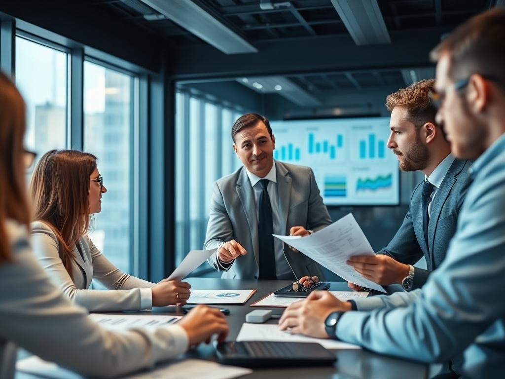 A professional IT consultant discussing strategy with a business team,