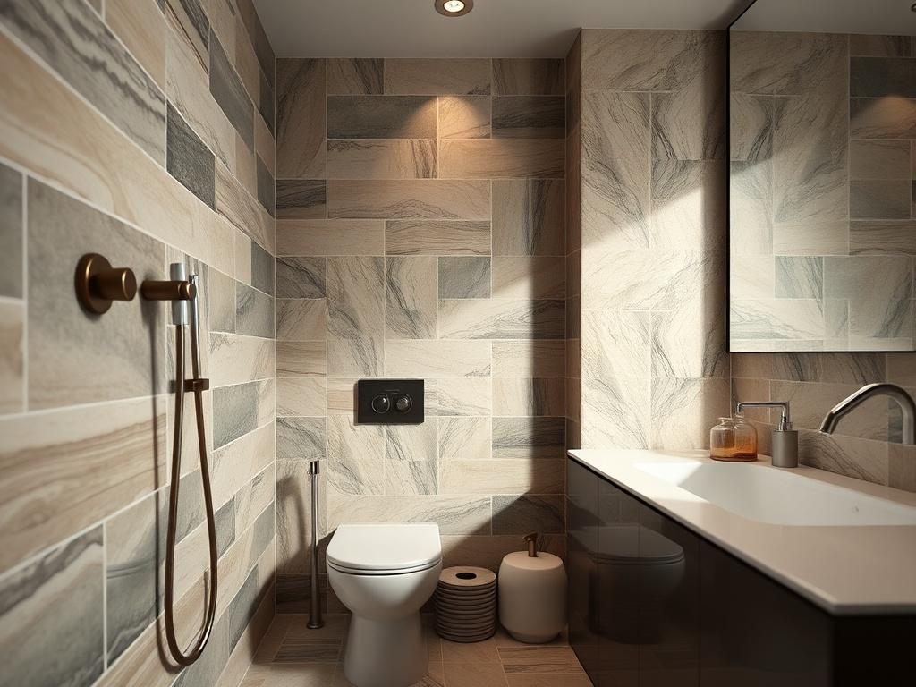 Close-up shot of elegant bathroom tiles and fixtures, showcasing a modern design with a blend of colors and textures. The background is softly blurred to highlight the bathroom details, photographed with a 45mm f/1.2 lens.
