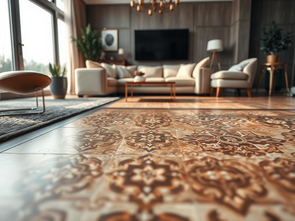Close-up shot of intricately designed floor tiles in a stylish living room, highlighting the textures and patterns. The background is softly blurred to draw focus to the flooring, taken with a 45mm f/1.2 lens.