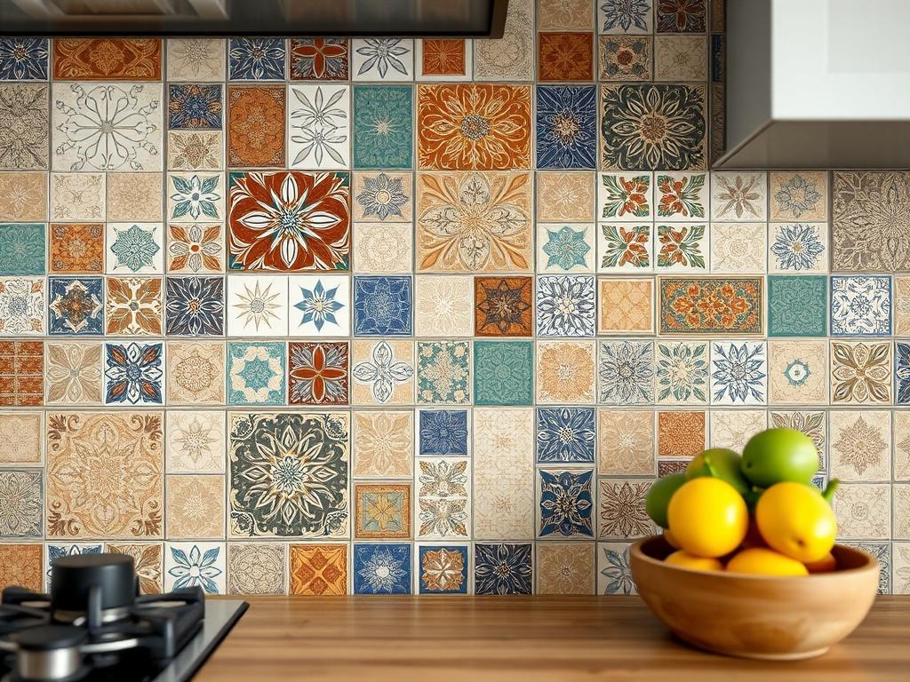 Close-up shot of beautifully installed ceramic wall tiles in a modern kitchen, showcasing a variety of colors and patterns. The background is softly blurred to emphasize the tiles, captured with a 45mm f/1.2 lens.