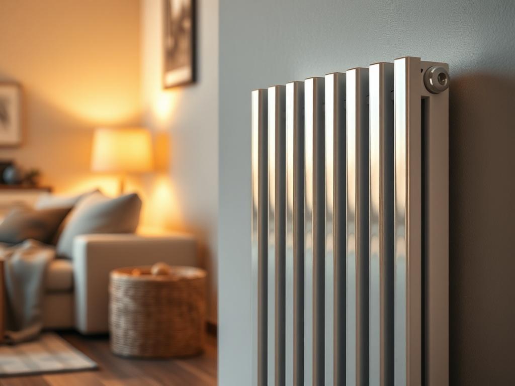 A warm radiator, radiating gentle warmth, positioned against a modern wall in a cozy home setting. The radiator is sleek and contemporary, with a polished finish that reflects soft light. The background features a subtle, warm-toned wall and a hint of a comfortable living space, creating an inviting atmosphere. The focus is on the radiator, showcasing its design and function, with an emphasis on comfort and warmth.