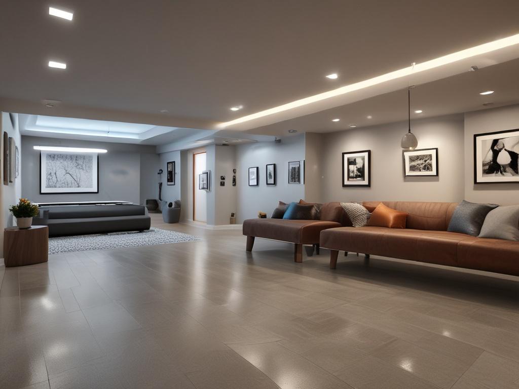 A close up shot of a beautifully renovated basement space,