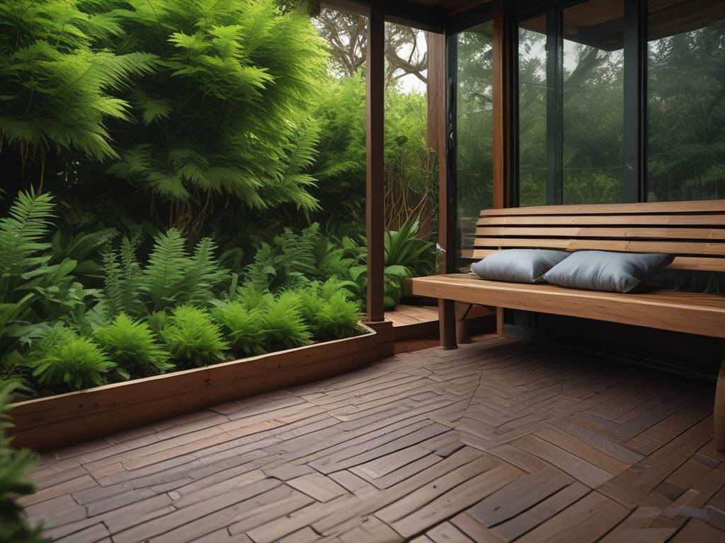 A stunning wooden deck with a seating area and lush