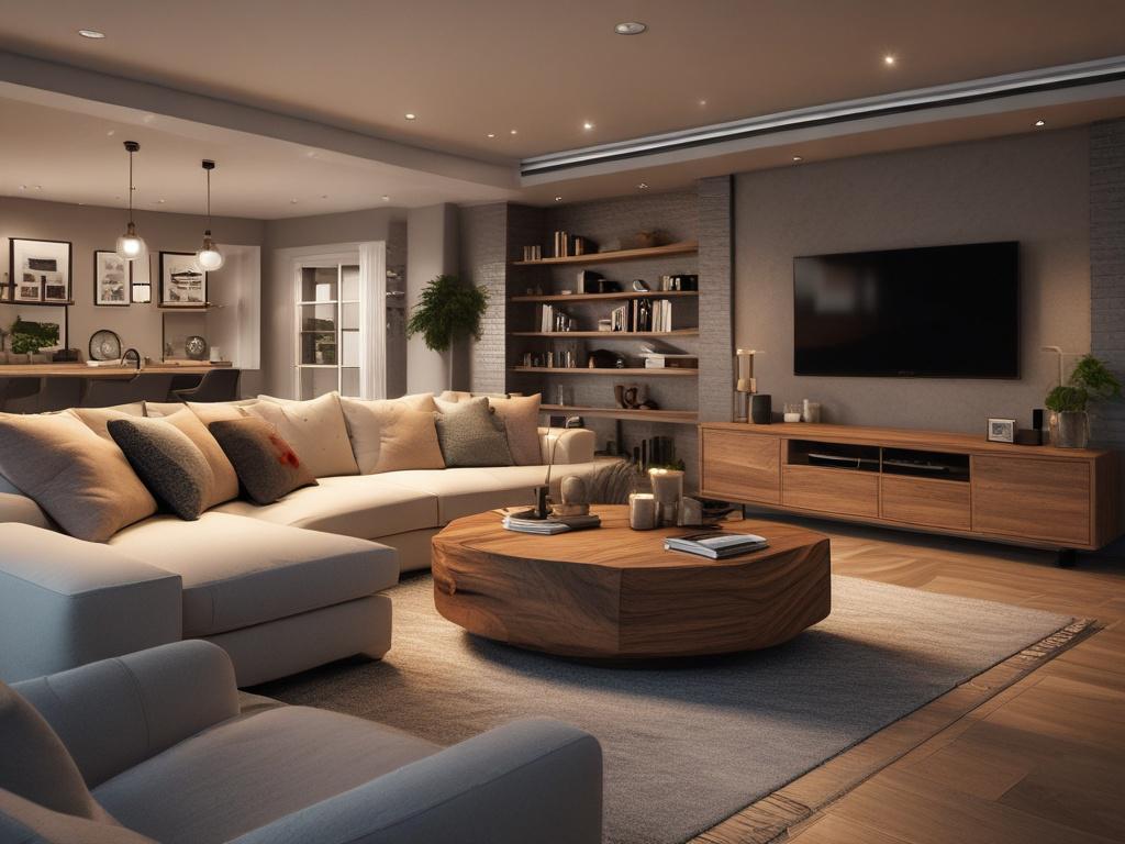 A beautifully finished basement with a cozy living area, modern