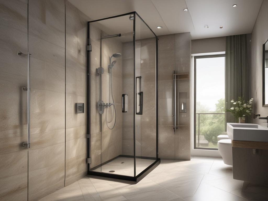 A luxurious shower cubicle with sleek glass doors, modern fixtures,