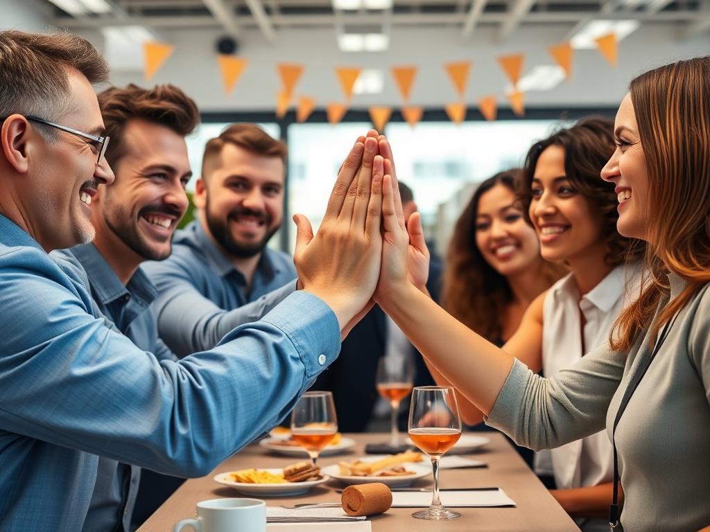 A close up shot of a team celebrating a work