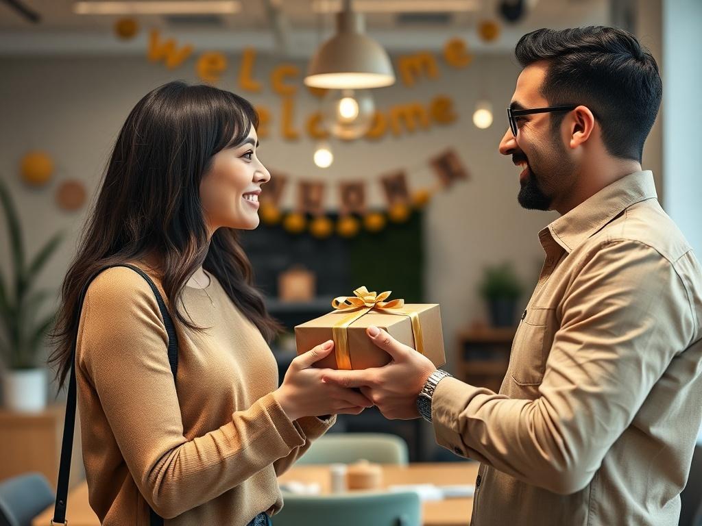 A close-up shot of a new employee being welcomed by a team leader in an office setting, with welcoming decorations in the background. The team leader is smiling and handing the new employee a welcome package, creating a positive and welcoming atmosphere.