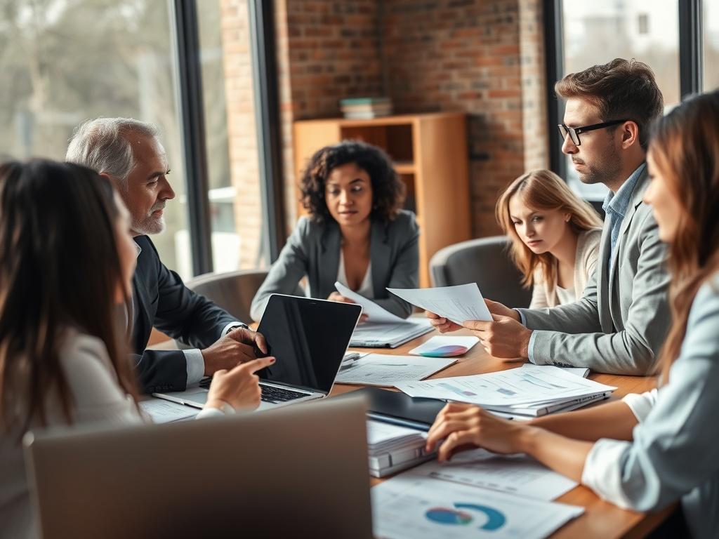 A close-up shot of a diverse group of professionals collaborating in a meeting room, with papers, charts, and laptops on the table. The atmosphere is dynamic and engaging, with participants actively discussing ideas and strategies. Natural light floods the room, creating an inspiring workspace.