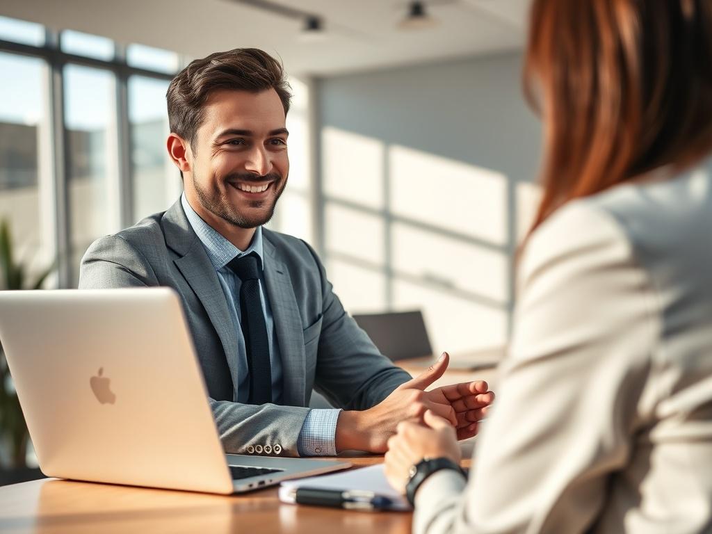 A close-up shot of a professional consultant sitting at a desk, engaging with a client in a modern office environment. The consultant is wearing business attire, showing a friendly demeanor, with a laptop and notepad on the desk. The background should have soft natural lighting, creating a warm and inviting atmosphere.