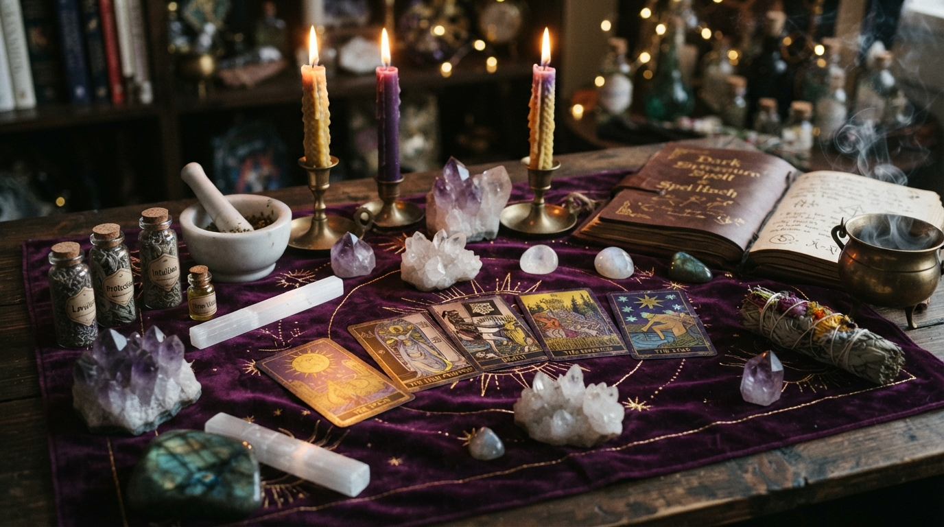 Mystical workspace with tarot cards and crystals