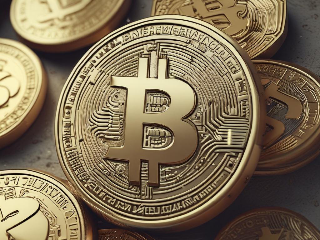 Create a realistic high-resolution image that reflects the theme of investment analysis, specifically comparing gold and Bitcoin as safe-haven assets. The composition should be simple and clear, focusing on a single subject: a shiny gold bar resting on a polished dark wood surface, symbolizing traditional investments. In the background, include a subtle hint of a Bitcoin coin, slightly blurred to keep the focus on the gold bar while still representing the digital asset in the context. Ensure that the lighti