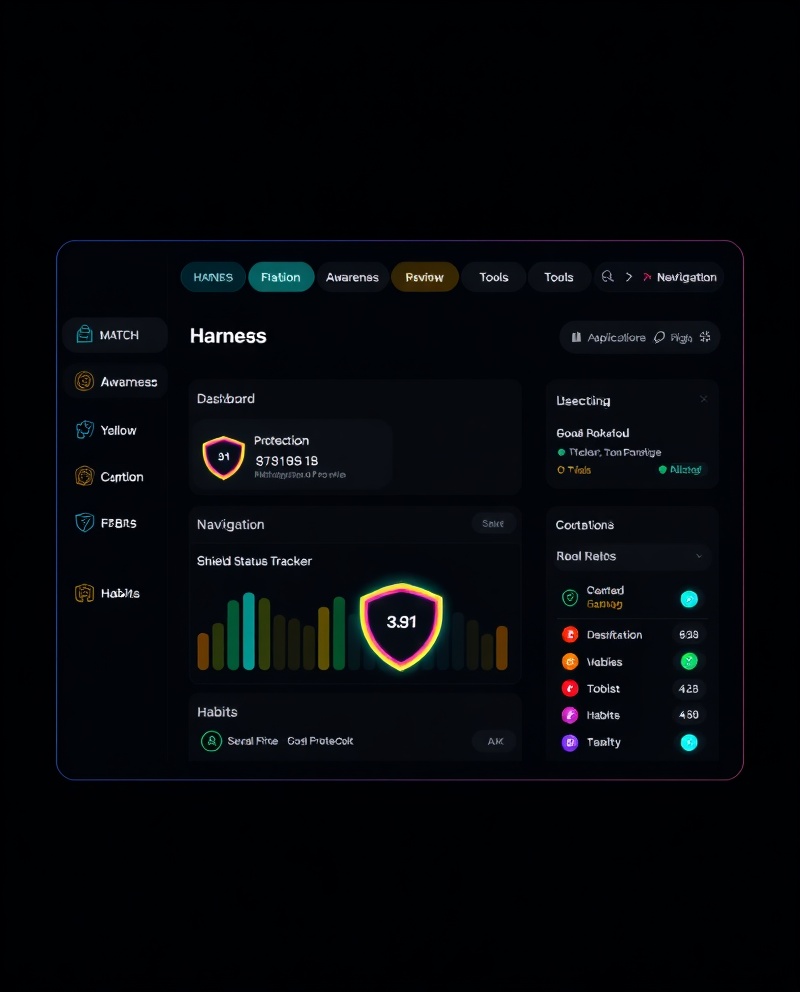 HARNESS App Dashboard dark mode interface with MATCH Framework navigation