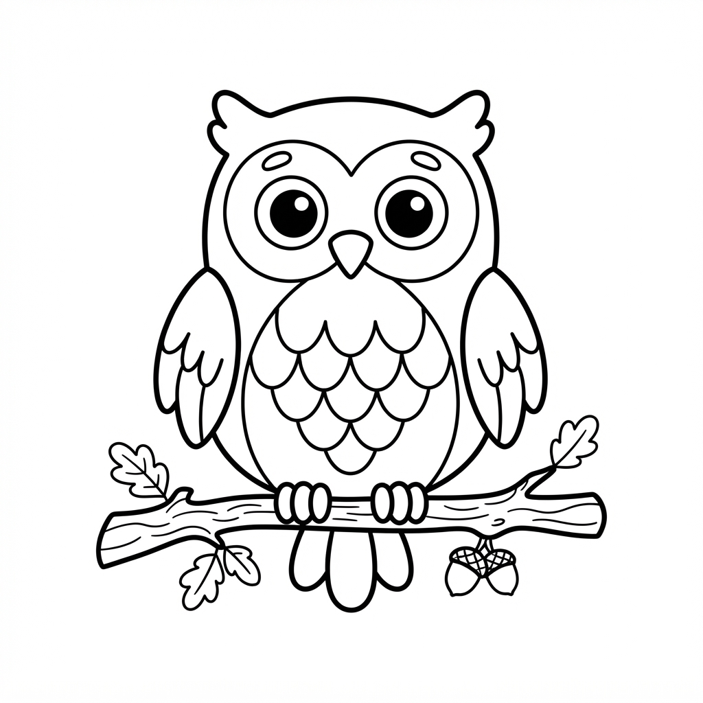 Simple coloring page of a wide-eyed owl perched on a branch