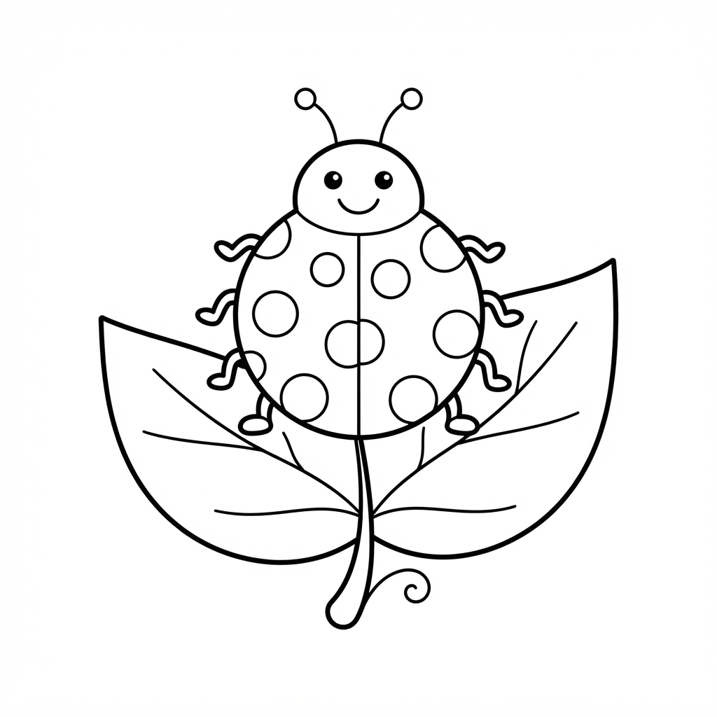 Simple coloring page of a round ladybug with spots on a leaf
