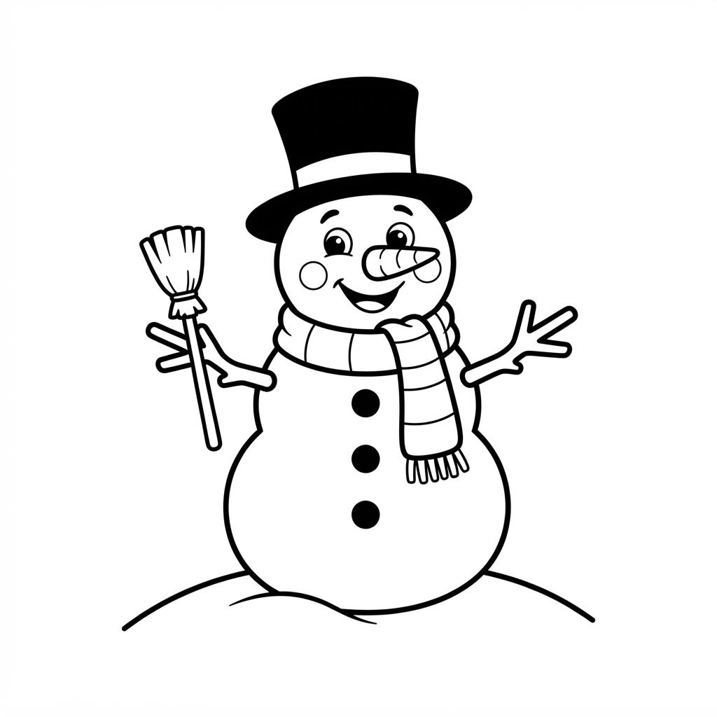 Simple coloring page of a happy snowman with a scarf and top hat