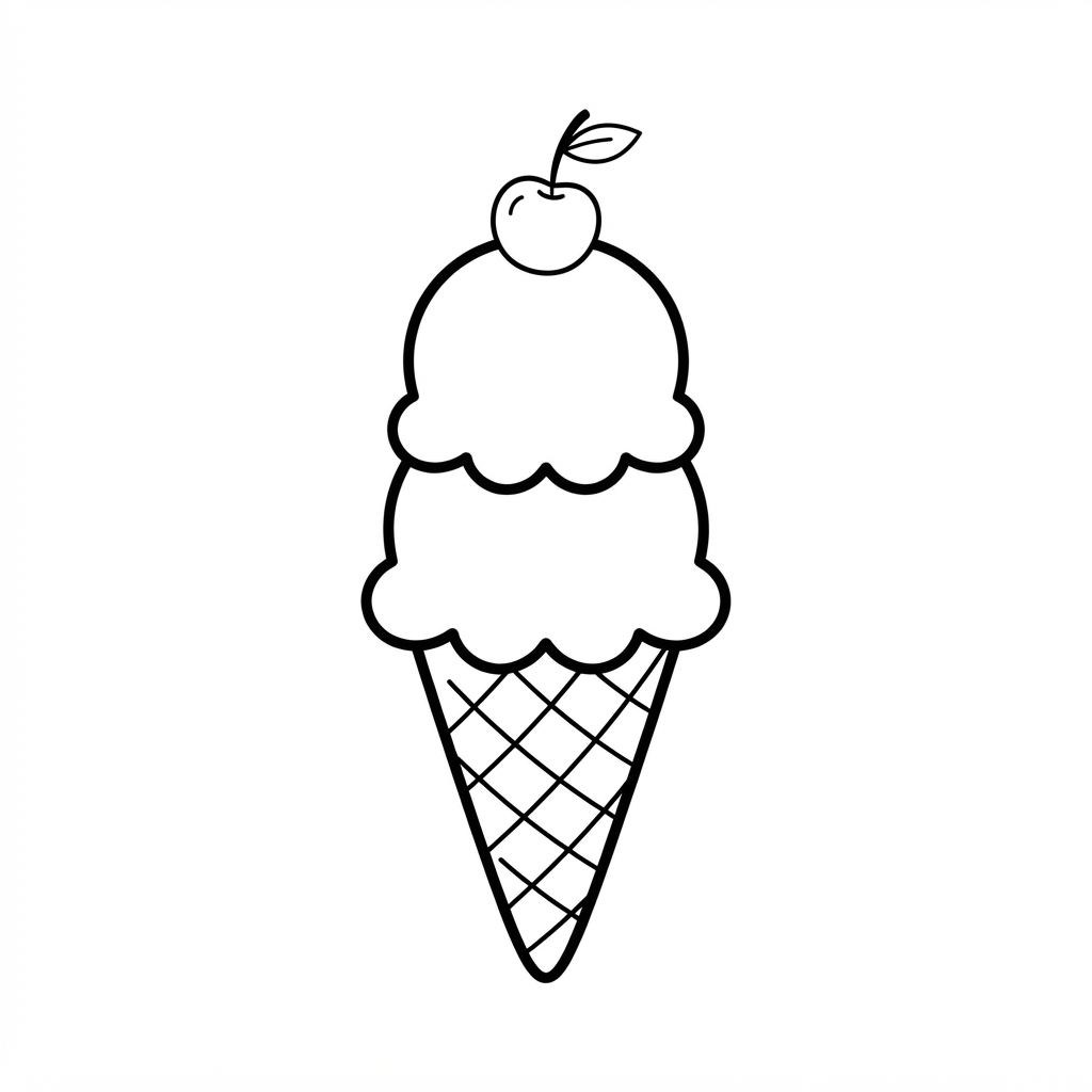 Simple coloring page of an ice cream cone with two scoops and a cherry