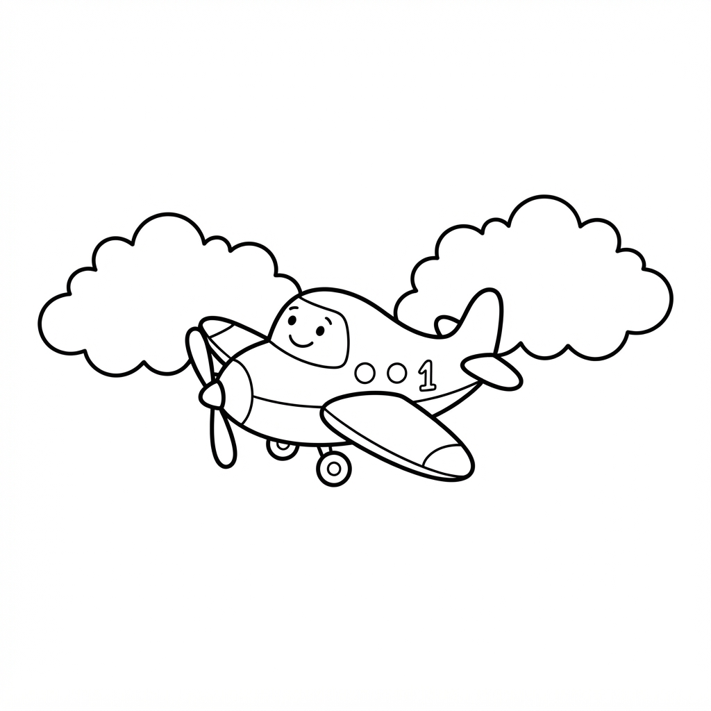 Simple coloring page of a smiling airplane flying between clouds
