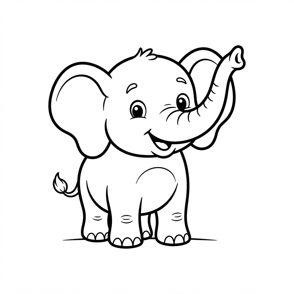 Simple coloring page of a friendly baby elephant with a raised trunk