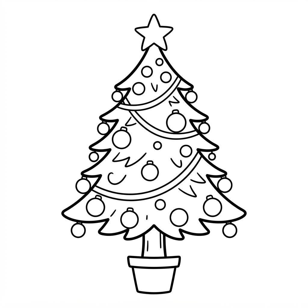 Simple coloring page of a decorated Christmas tree with a star on top