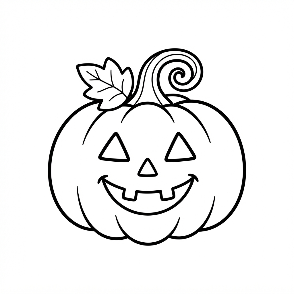 Simple coloring page of a smiling pumpkin with a leaf and curly stem