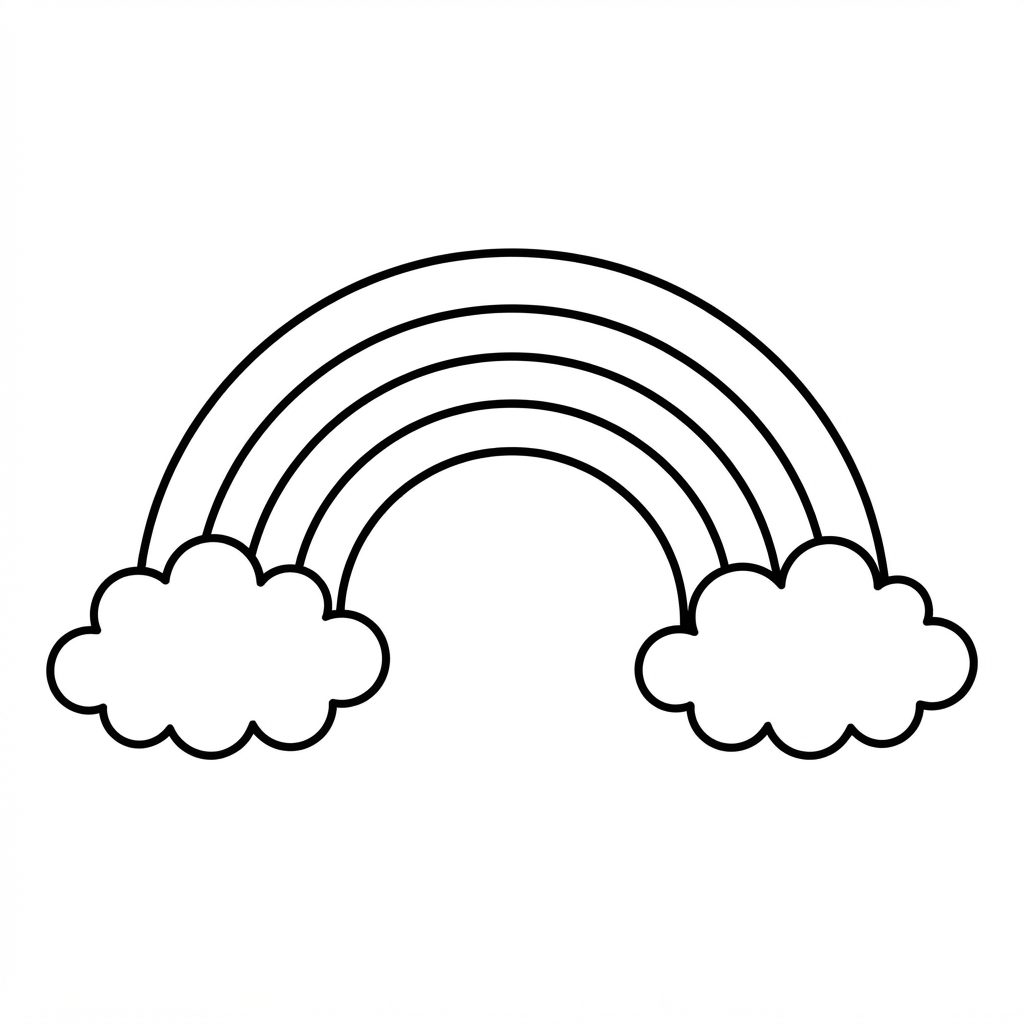 Simple coloring page of a big rainbow with two fluffy clouds